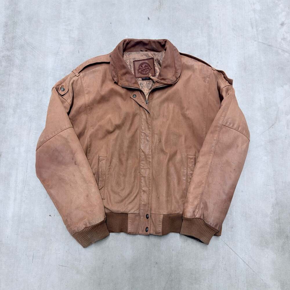 Vintage Cayenne Leather Bomber Jacket Mens Medium Brown Map Lined Full Zip